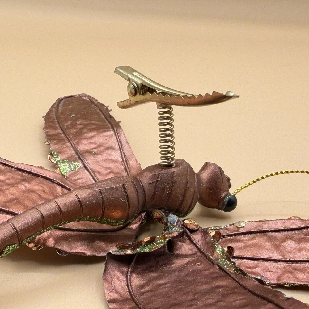 Large Glitter Dragonfly Clip Ornament Gold Sequin Green Sparkle Hanging Decor